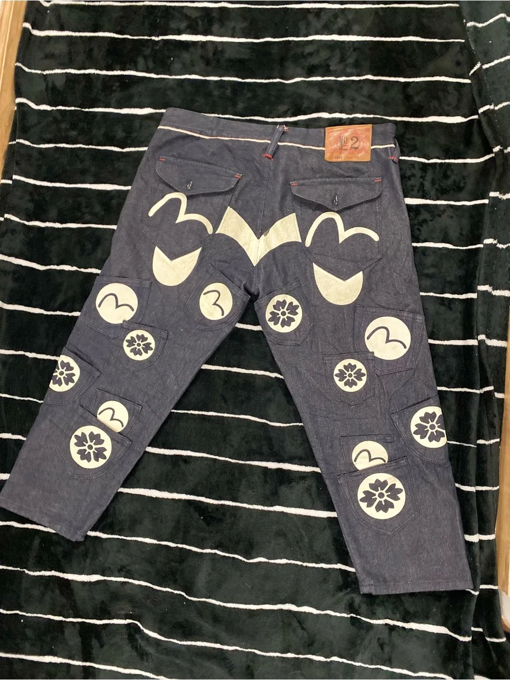 Evisu Navy Blue Denim Jeans with White Graphic Patchwork